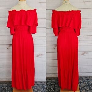 Anthropologie S/W/F Bardot Ruffle Departure Maxi Dress in Rouge Red Sz Med NWT